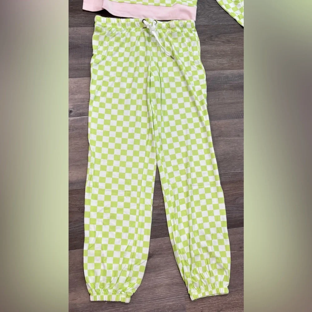 New Honeydew Womens Long Sleeve Check Pajama Shirt Pants Set Green White Size XS